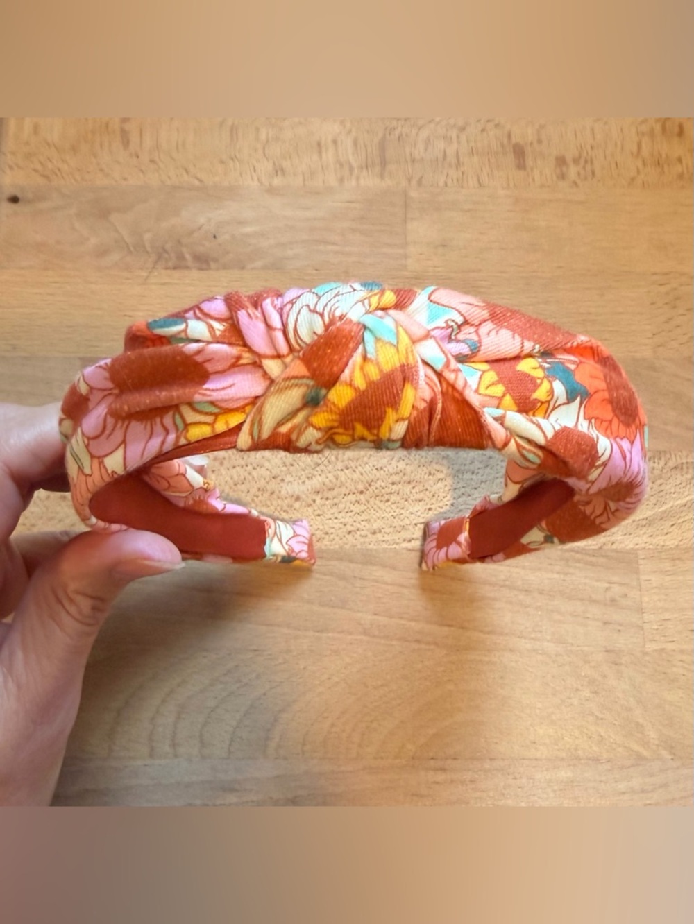 Floral Knotted Cotton Headband in Rust and Pink